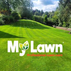 The My Lawn logo with a beautiful lawn in the background